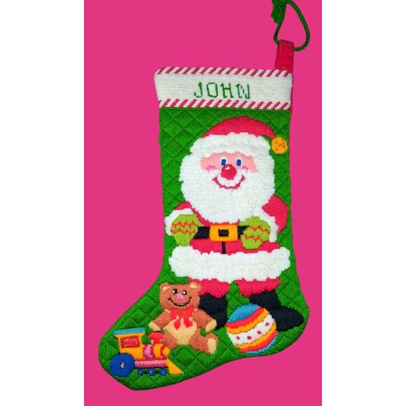 Personalized Needlepoint Christmas Stocking Santa Toys Red Backing John" Embroid - Picture 1 of 8